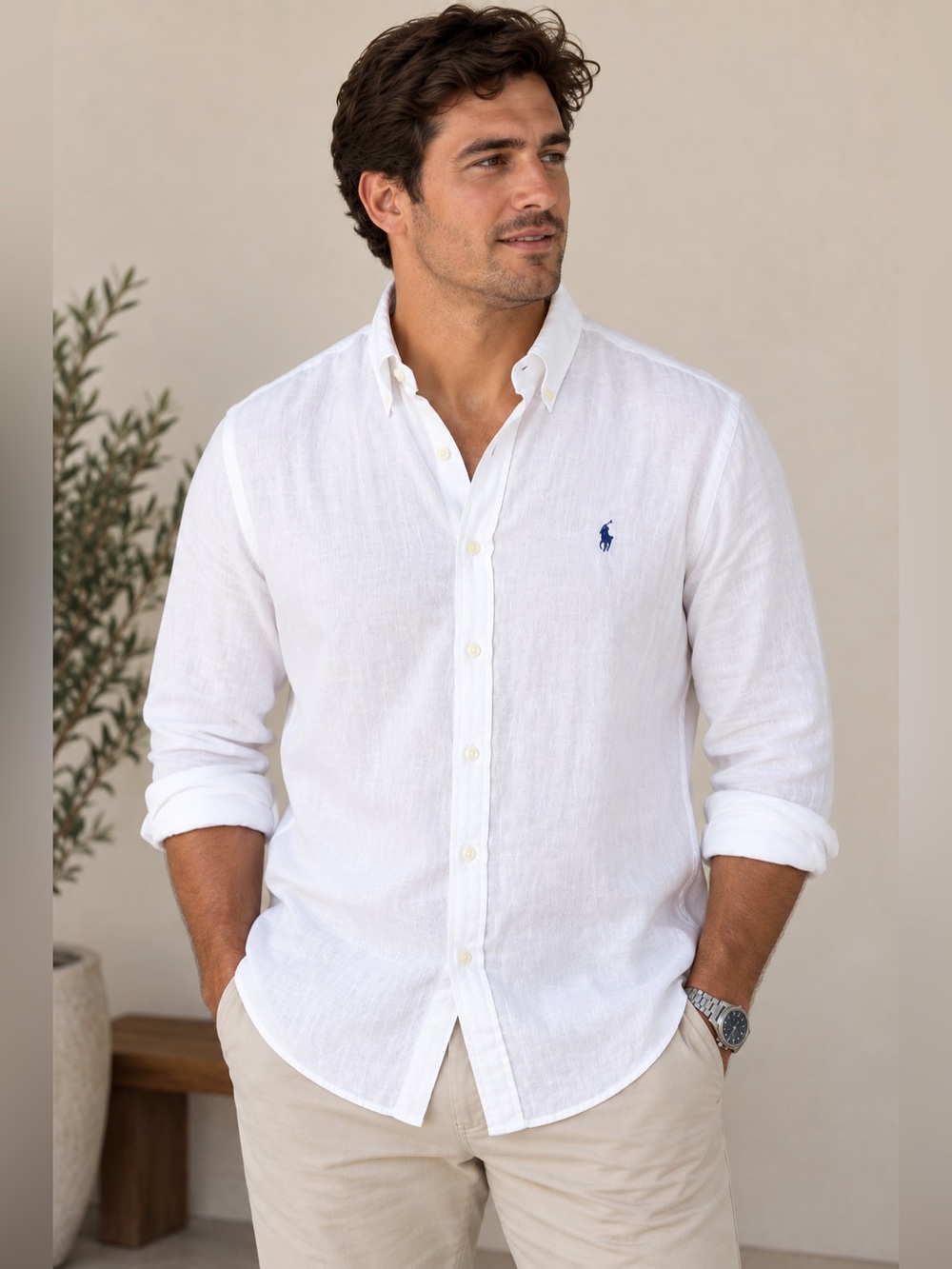Polo Ralph Lauren White Linen Shirt Large Classic Fit Old Money Coastal